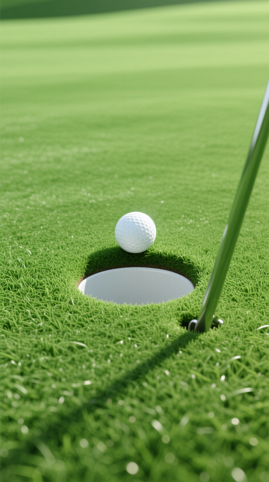 Stunning Golf Aesthetic Backgrounds And Wallpapers In 4K Minimalist Top-Down View Of A White Golf Ball Resting On The Edge Of The Cup On A Vibrant Putting Green.