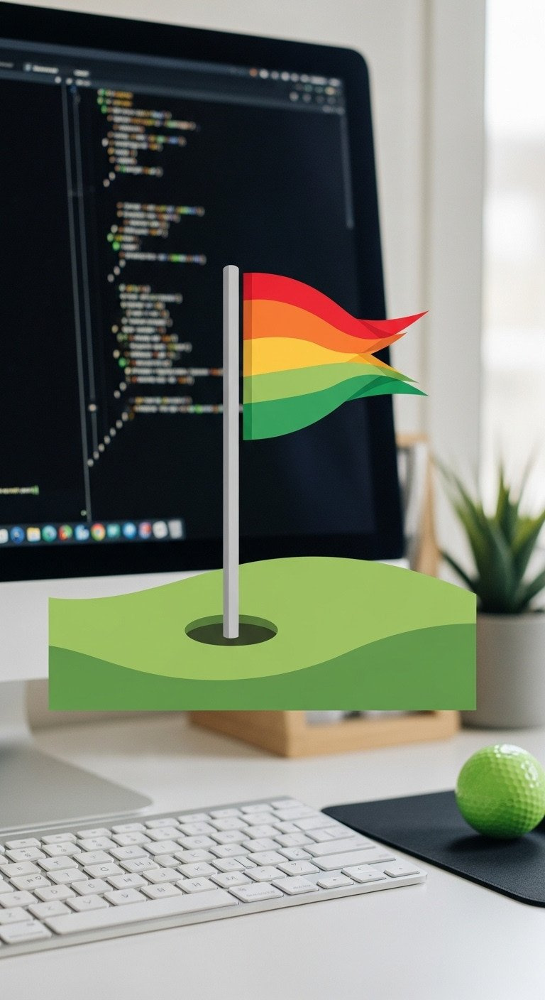 Modern Svg Golf Illustration: Swaying Flag On Green Hill, Vector Layers, On A Minimalist Desk With Keyboard And A Golf Ball.