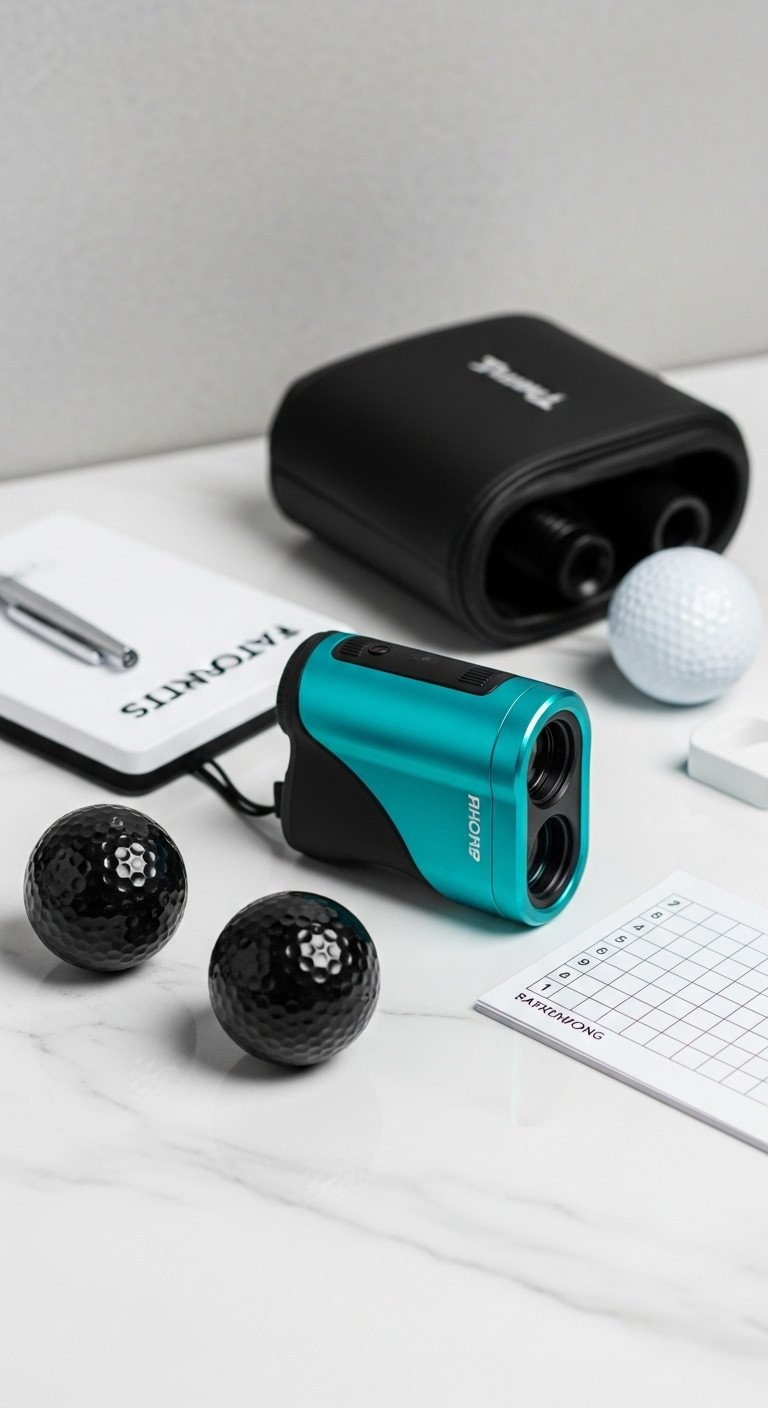 Modern Golf Accessories: Minimalist Black, White, And Teal Rangefinder On White Marble With Golf Balls.