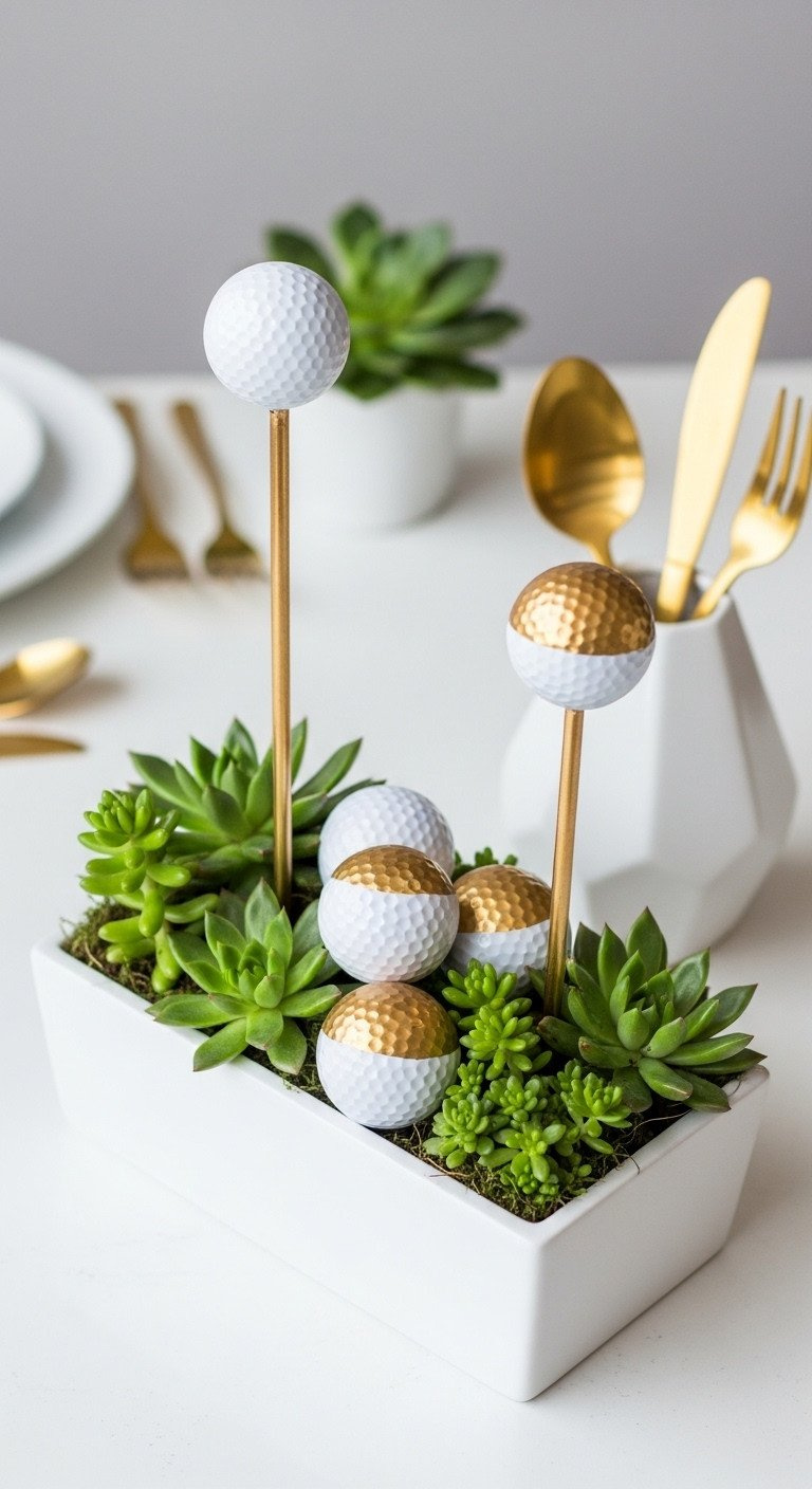 Modern Golf Centerpiece: Geometric Planter With Green Succulents, Gold-Dipped White Golf Balls On Lacquered Surface.