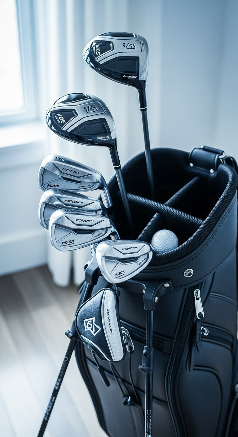 Modern Golf Clubs Neatly Arranged In A High-End Leather Tour Bag, Showcasing Aspirational Golf Equipment And Craftsmanship.