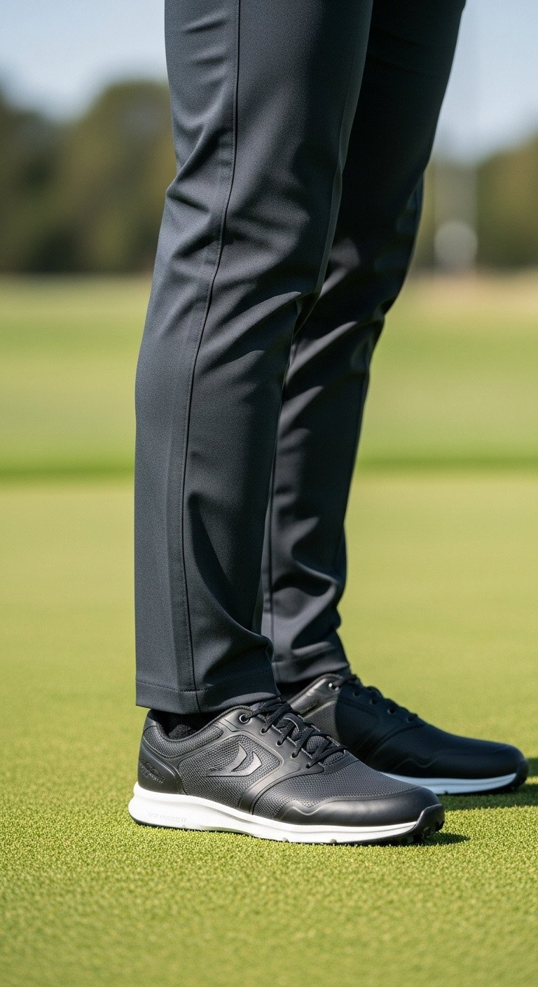 Modern Golf Outfit: Fitted Black Mock Turtleneck Shirt, Light Grey Trousers, Sleek Golf Bag, Silver Watch.
