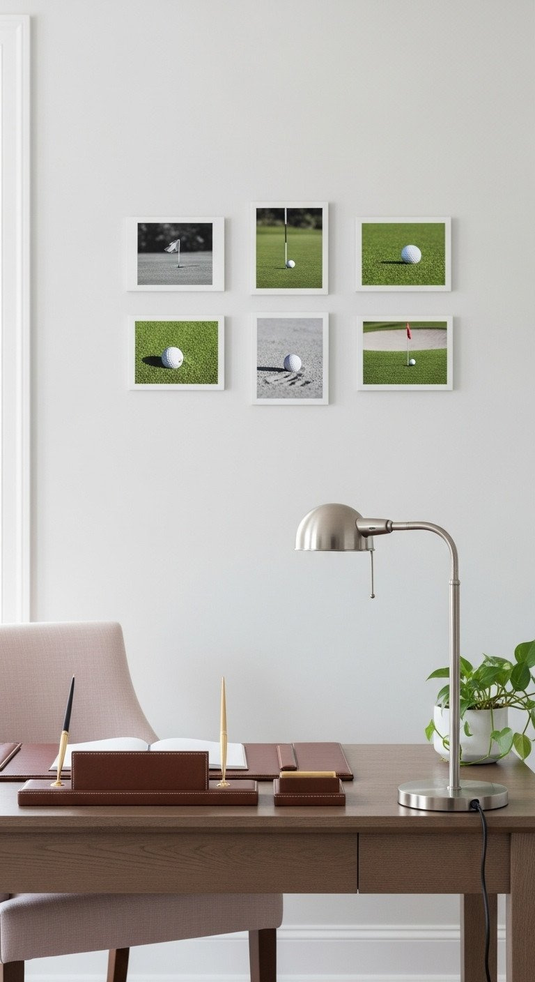 Golf Wall Art: Expert Design And Installation Guide Modern Home Office With Organized Wooden Desk And Subtly Framed Black And White Golf Texture Photography Prints On Adjacent Wall.