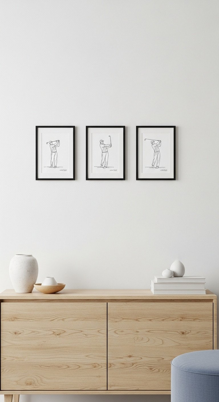 Golf Wall Art: Expert Design And Installation Guide Modern Minimalist Living Room With Three Black-Framed Line-Drawing Golf Swing Prints On A White Wall Above A Natural Wood Credenza.