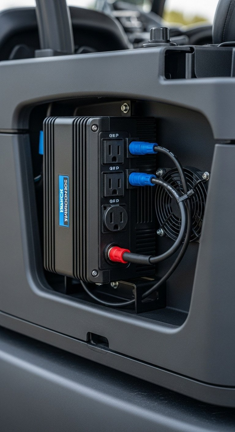 Modern Power Inverter Securely Mounted In A Golf Cart, Featuring Ac Outlets And Proper Ventilation For Reliable On-The-Go Power.