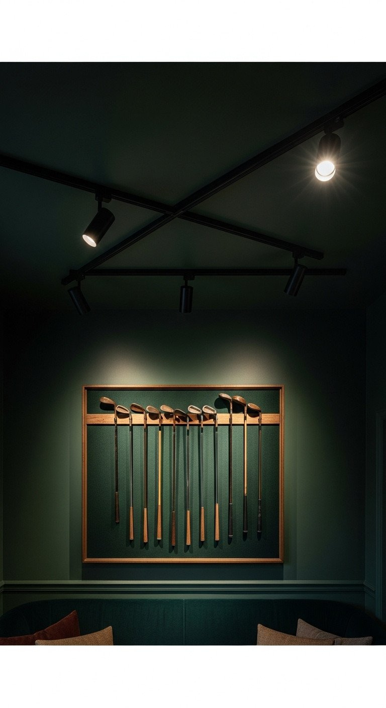 Modern Track Lighting On A Dark Ceiling Illuminates Antique Golf Clubs Mounted On A Deep Forest Green Wall, Creating An Elegant Golf Memorabilia Display.