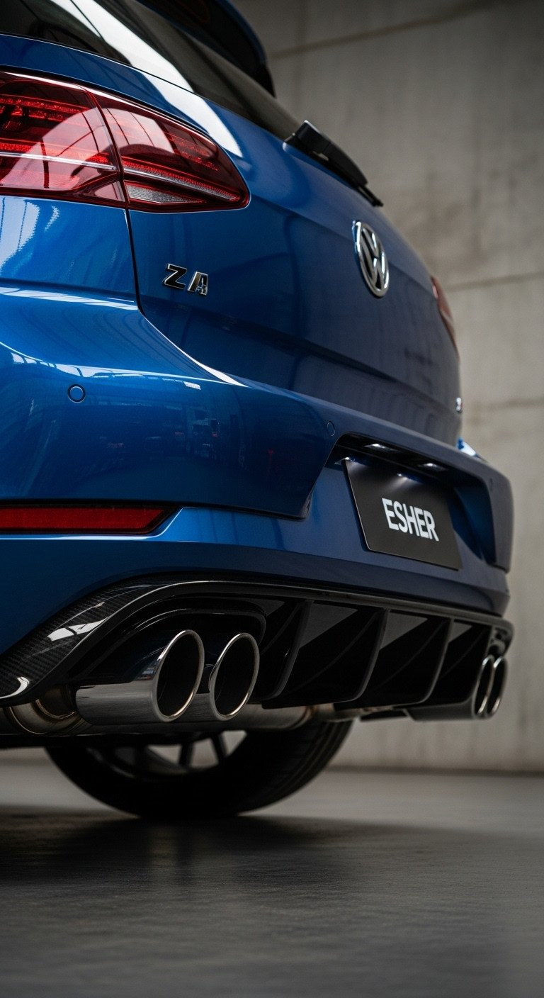 Modified Vw Golf Rear Bumper With Aggressive R-Style Diffuser And Dual Chrome Exhaust Tips, Showcasing A Lowered Stance In A Garage.