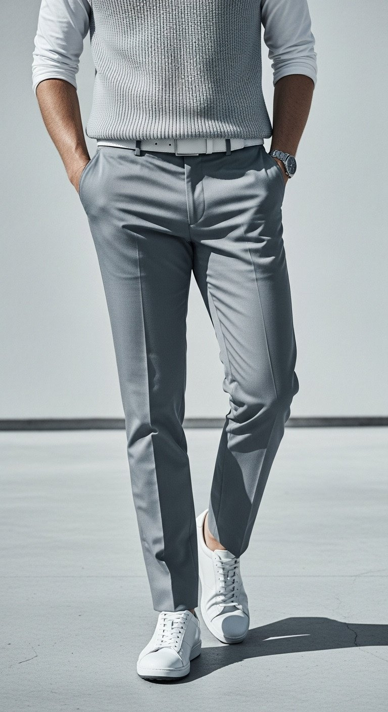 Master The Golf Aesthetic The Ultimate Guide To Golfcore Style Monochromatic Slate Grey Outfit: Tailored Slacks, Knit Vest, Collared Shirt. Modern Golfcore Fashion With Clean Lines.