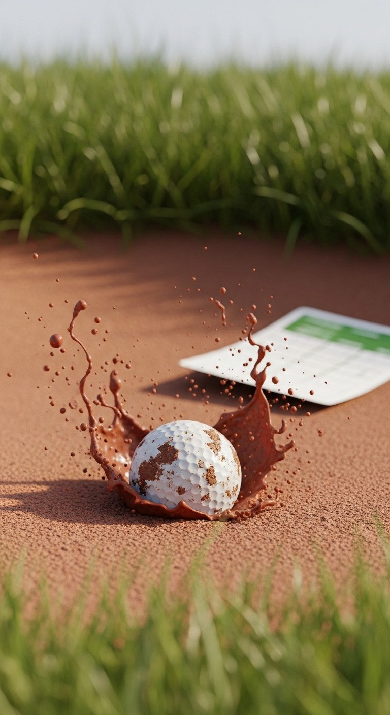 Muddy Golf Ball Half-Submerged In A Sandy Bunker After An Unsuccessful Swing, Showing Golf Frustration And A Discarded Scorecard.