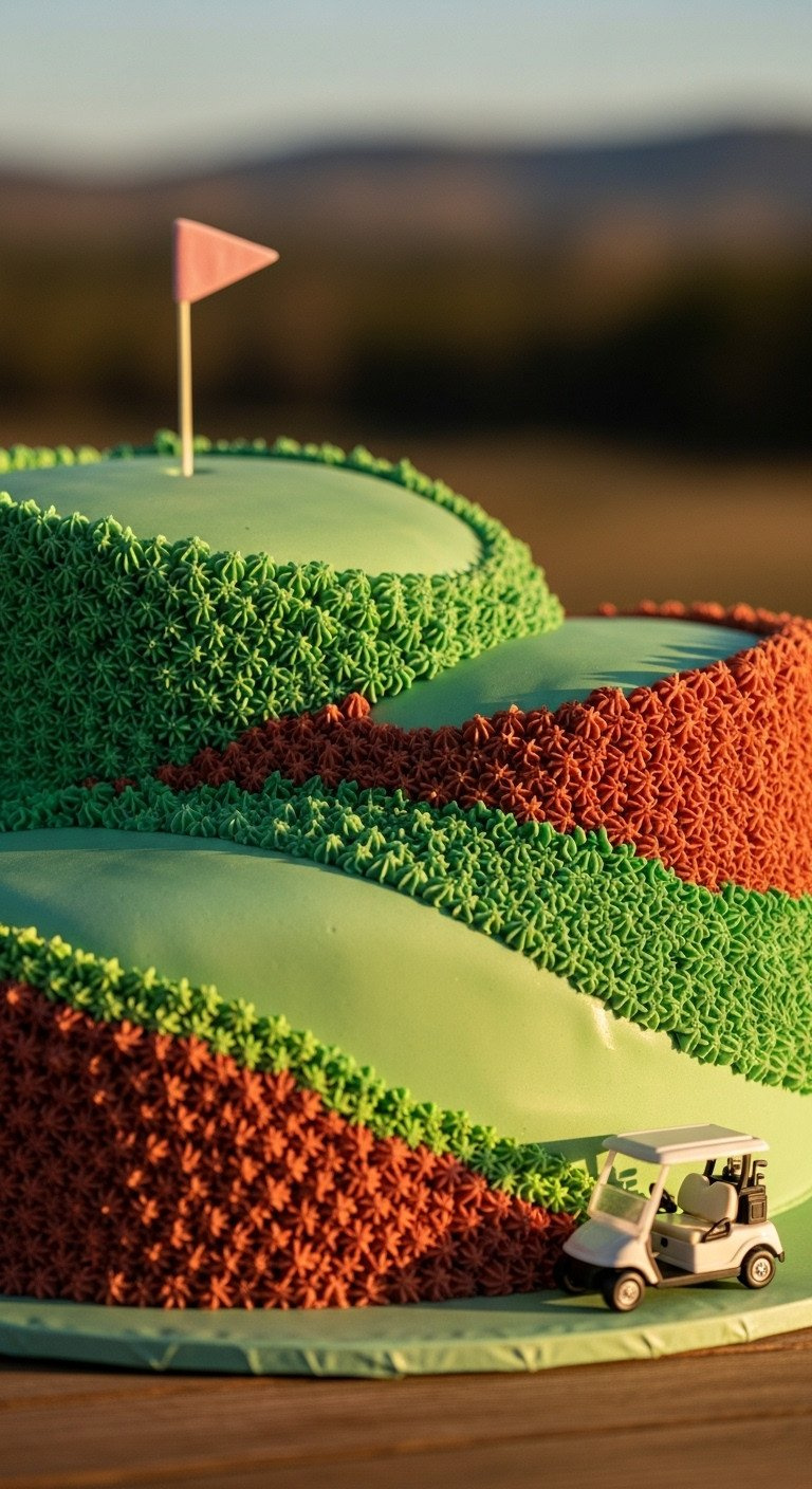 9 Golf Themed Cakes Beginner To Expert Designs And Tips Multi-Dimensional Golf Cake With Green Buttercream Hills, Valleys, Flag, And Miniature Golf Cart On A Rustic Wooden Table.