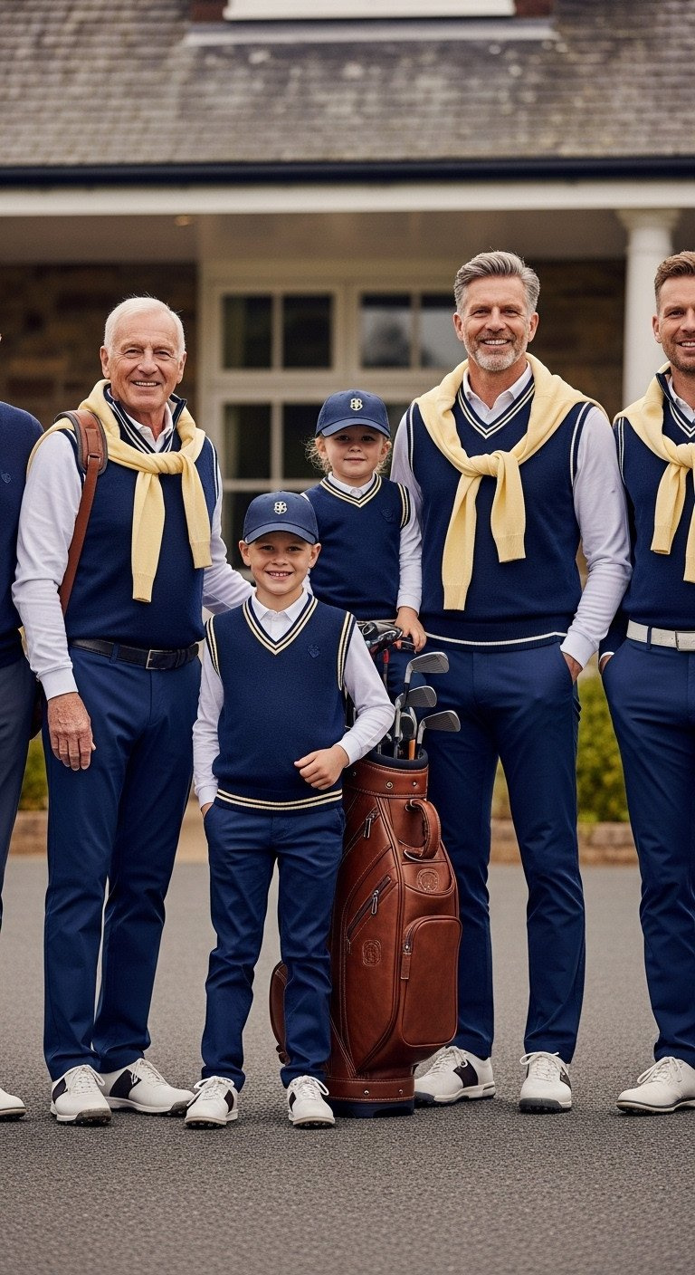 Family Golf Aesthetic Master The Cohesive Heritage Look Multi-Generational Family In Coordinated Navy Bottoms, Cream Knitwear, With Leather Golf Bags Near A Luxury Clubhouse.