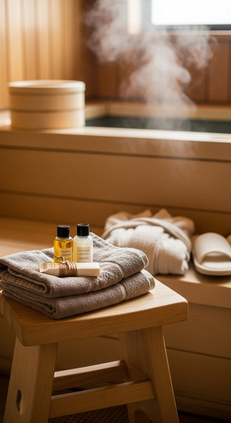Muted Linen Towels And Minimalist Toiletries On Wooden Stool In Japanese Onsen, Reflecting Post-Round Clubhouse Ritual.