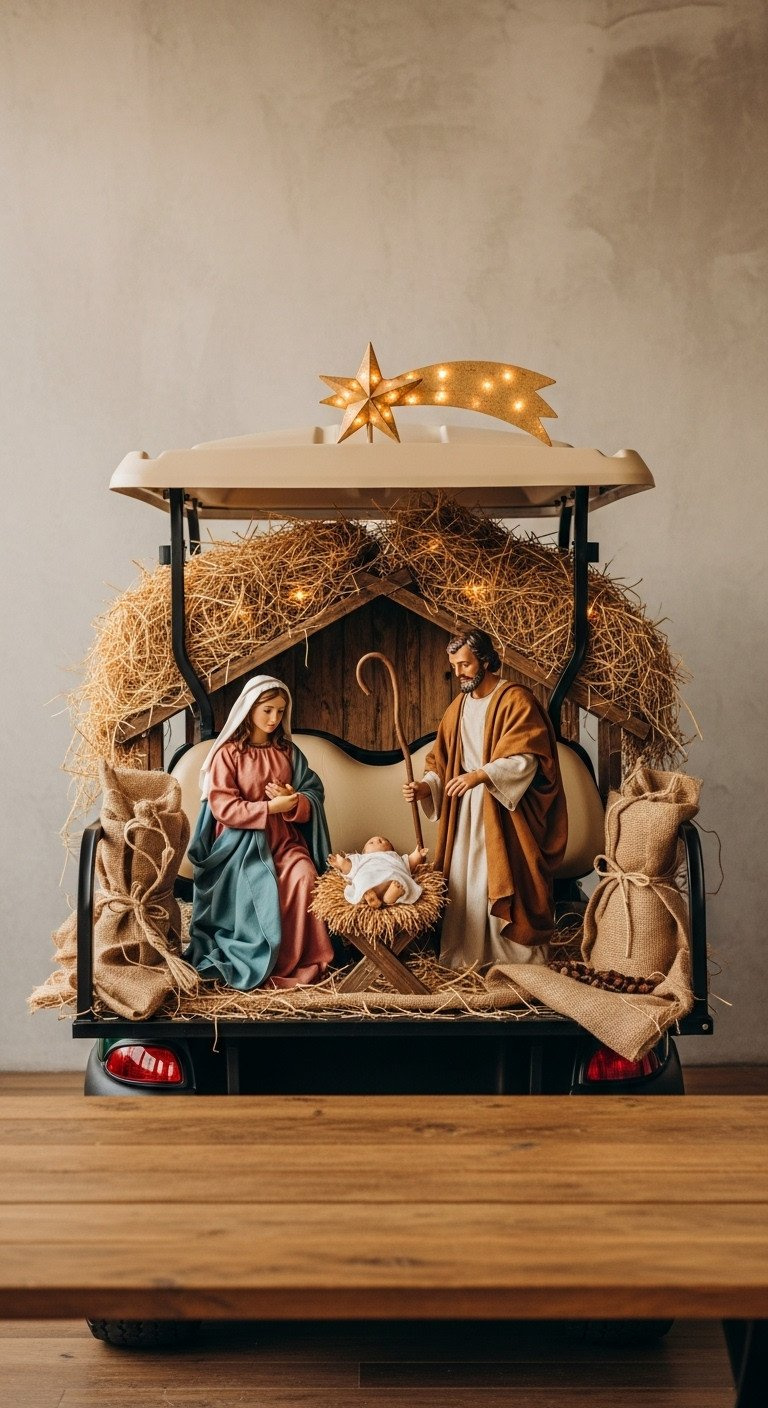Nativity Scene Golf Cart With Life-Sized Mary, Joseph, Baby Jesus, Straw, Burlap, And A Glowing Star.