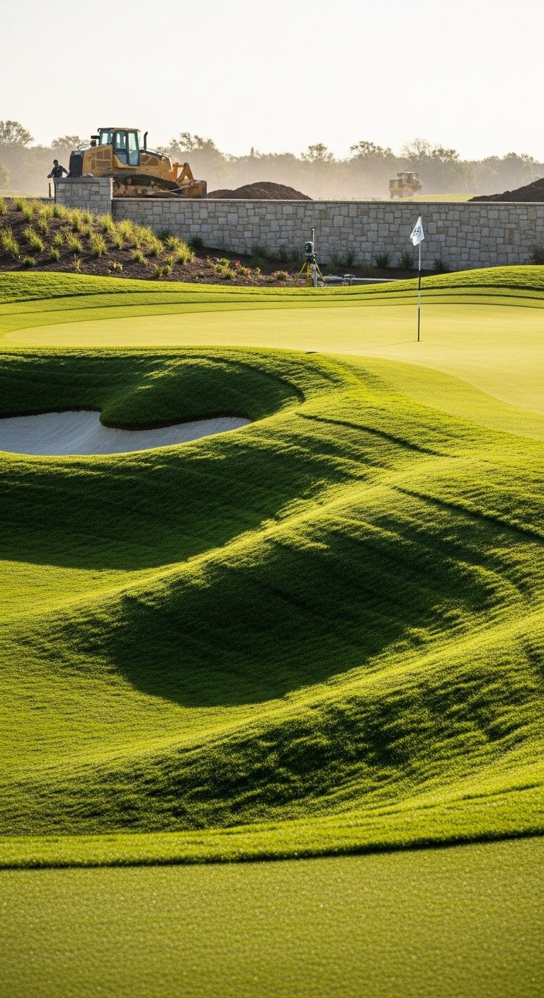 Natural Golf Landscape Near Green, Mounding, Swales, Sculpted Turf. Fresh Greens, Earth Tones, Subtle Earthwork Design.