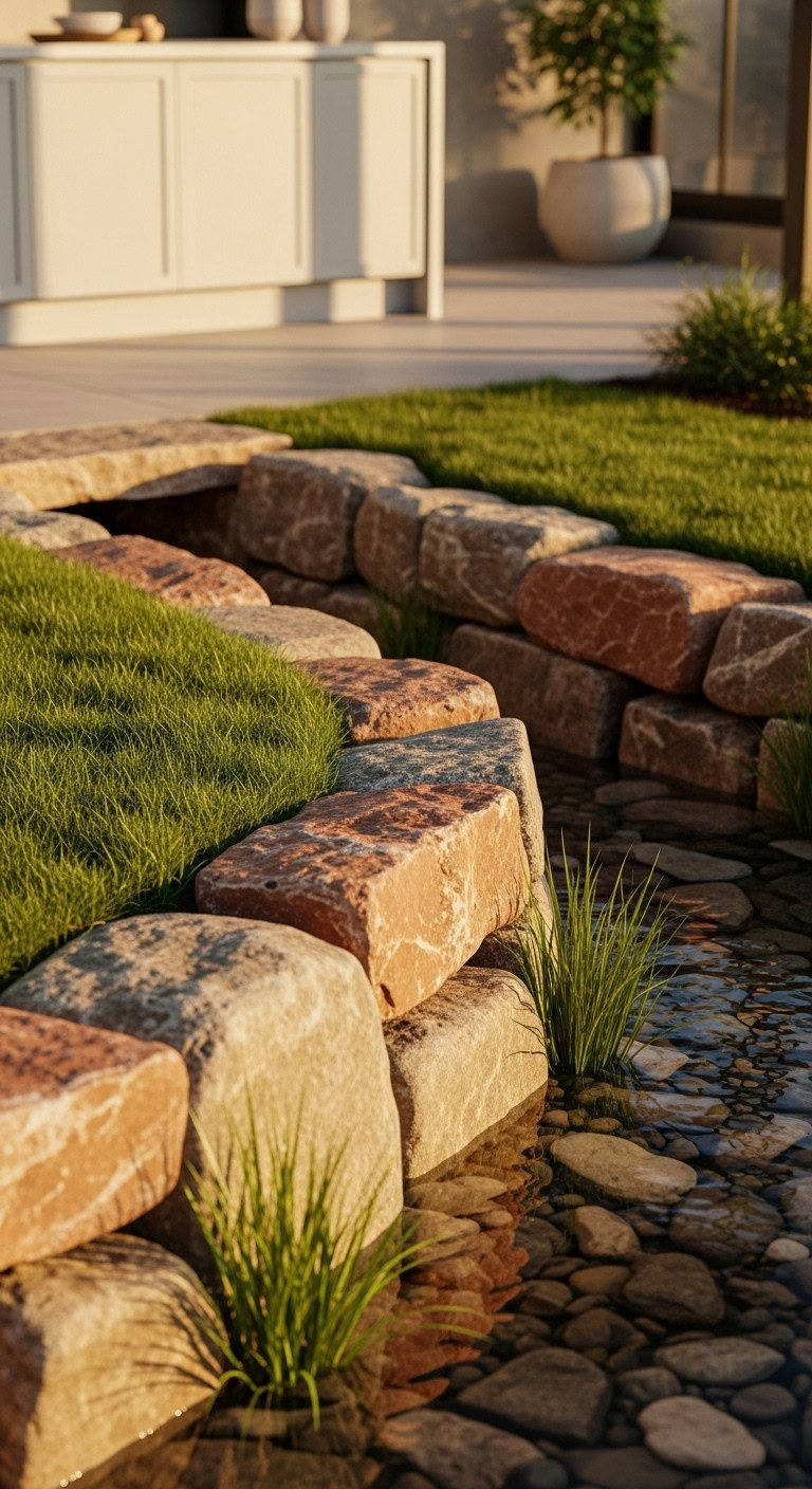 Natural Stone Wall/Stream Bed: Rugged Irregular Stones, Soft Turf, Clear Water, Earthy Terracotta, Sage Green.