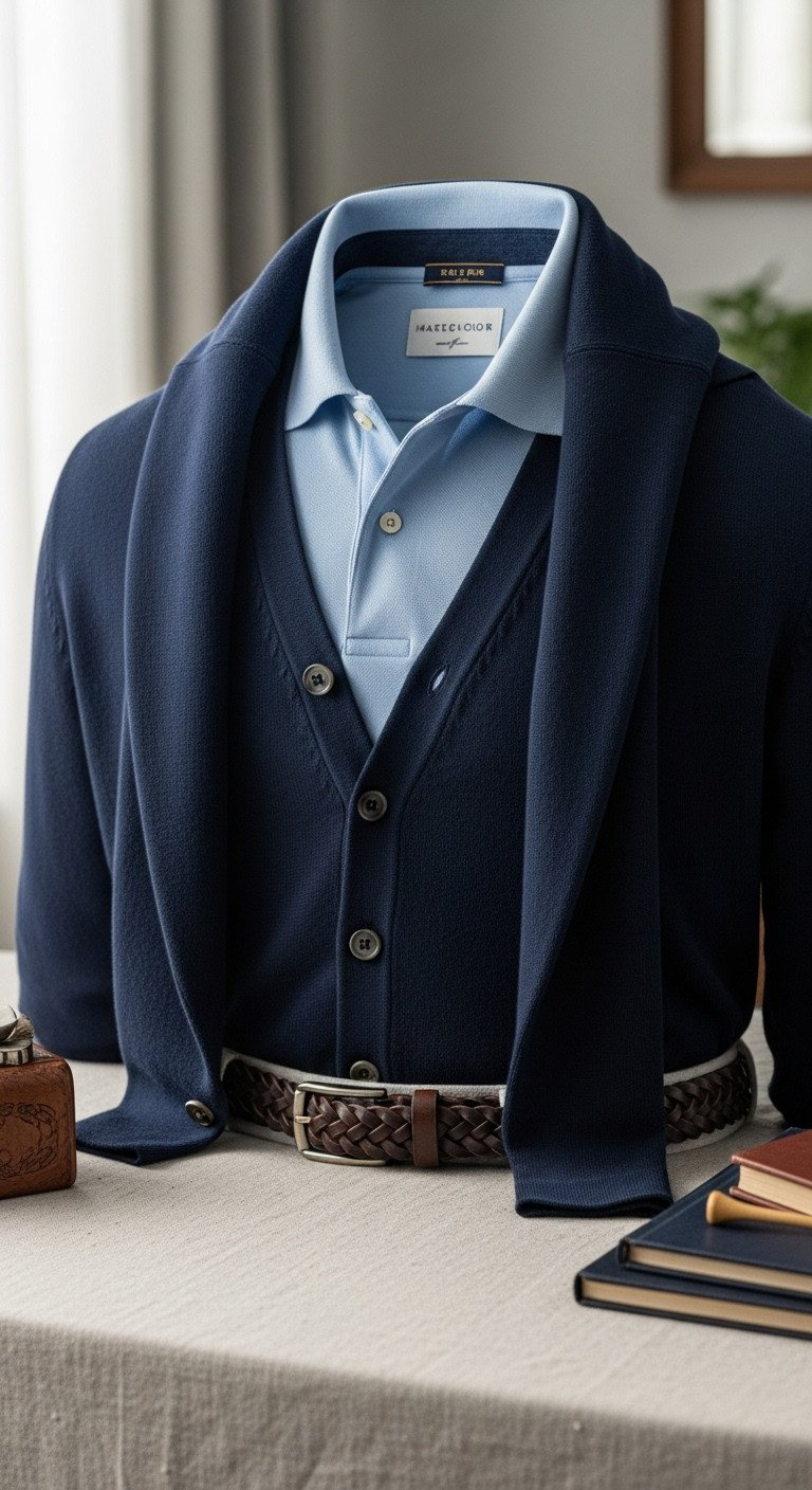 Master The Golf Aesthetic The Ultimate Guide To Golfcore Style Navy Blue Cardigan Layered Over Light Blue Polo Shirt With Braided Leather Belt, On A Linen Tablecloth. Sophisticated Golfcore Style.