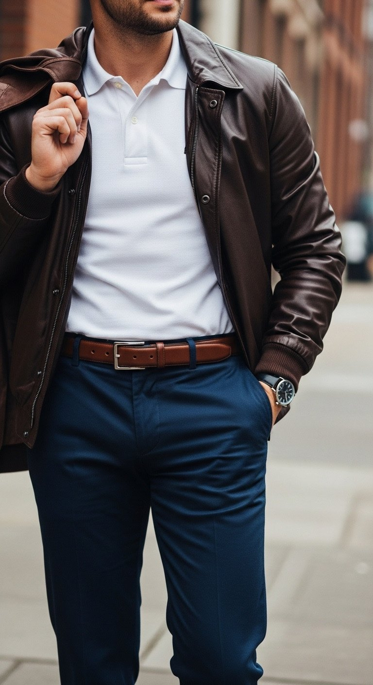 Master The Golf Aesthetic The Ultimate Guide To Golfcore Style Navy Slacks, White Polo, Leather Jacket Draped Over Shoulders. Elegant Off-Course Golf Style In An Urban Setting.