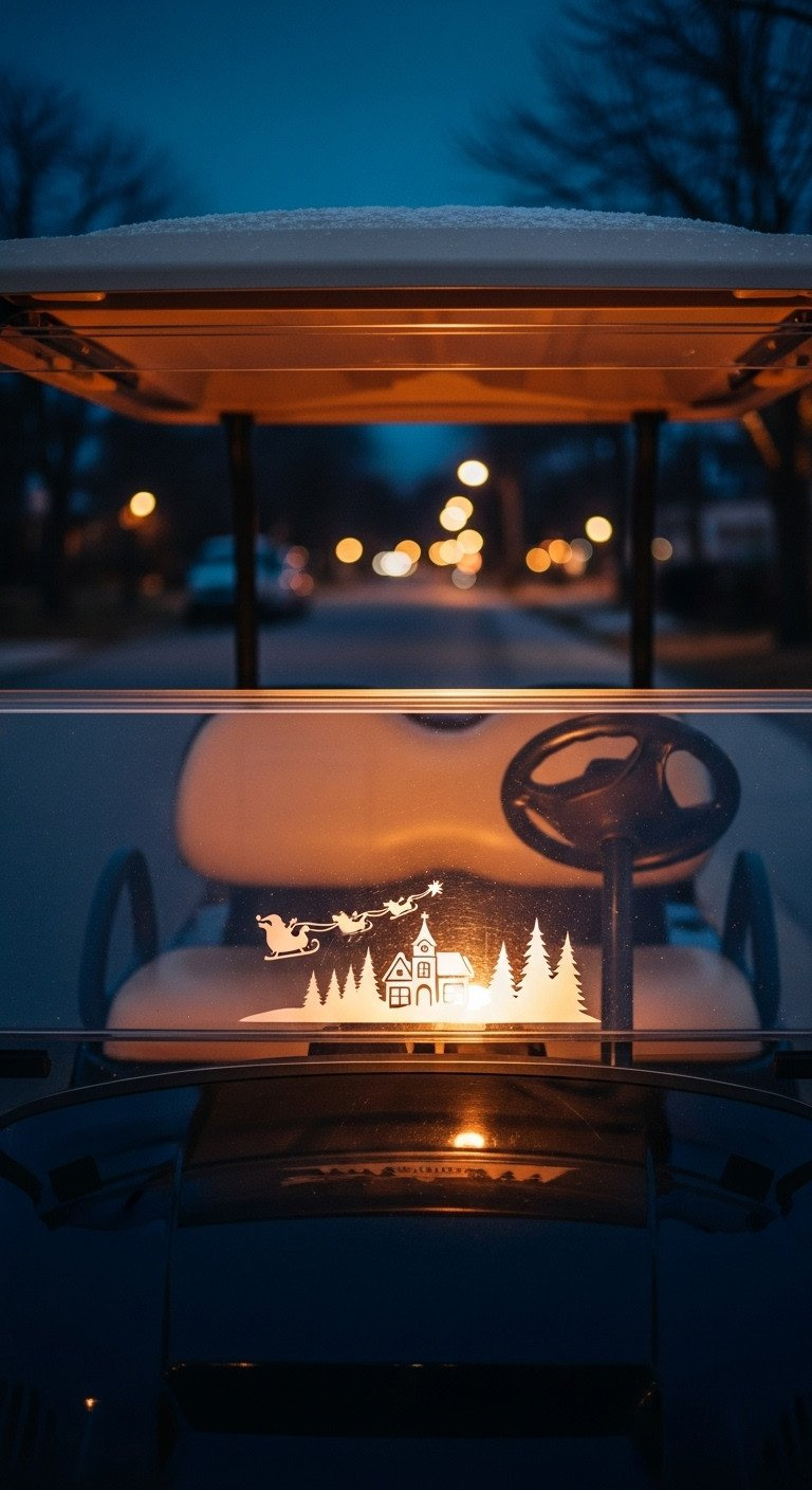 Night Golf Cart Windshield With Glowing White Christmas Village Decal Silhouette, Subtly Lit, Dusted With Fake Snow.