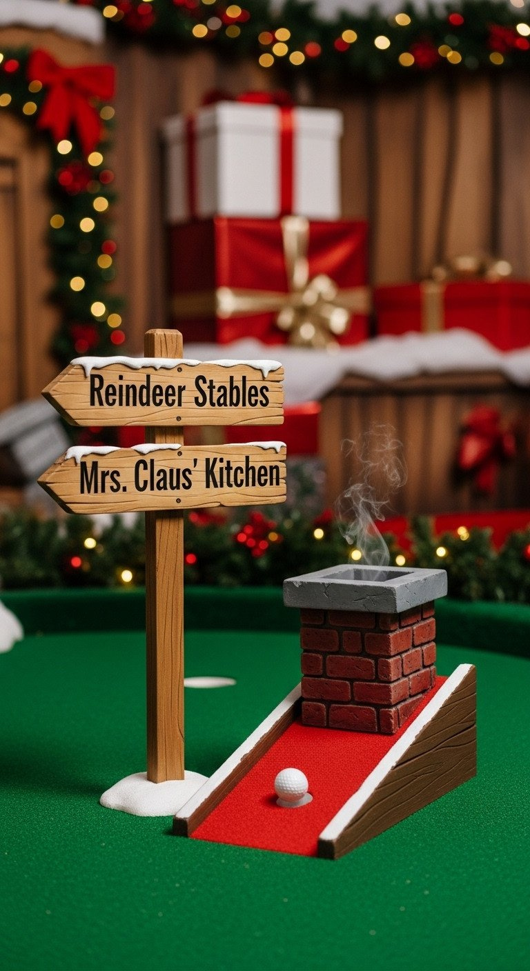 North Pole Themed Mini Golf Hole: Golf Ball Approaches Chimney Ramp, Wooden Sign Points To Reindeer Stables And Mrs. Claus' Kitchen.
