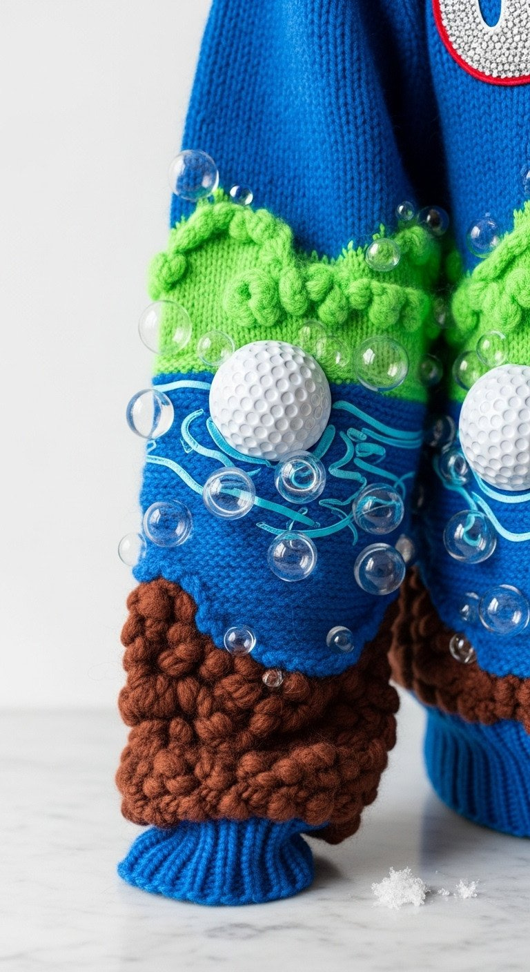 Novelty 3D Golf Sweater Showing Ball In Water Hazard With Clear Plastic Appliqués On Blue-Green Knit. Macro Shot With Fake Snow.