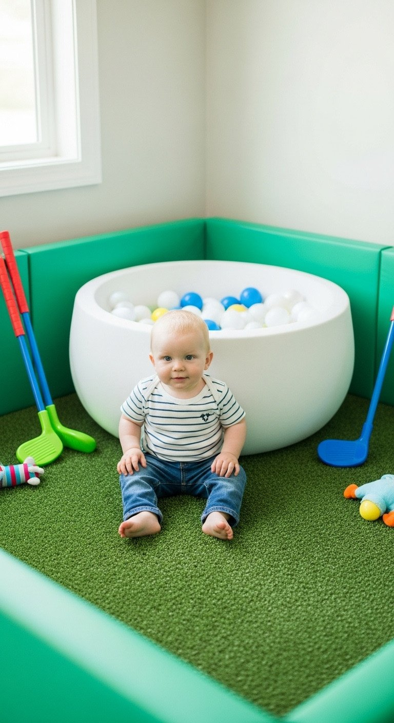 Genius Hole In One Party Ideas Plus Age Safe Planning One-Year-Old Golf Party Activity Zone Features Green Foam Mat, White Ball Pit, Oversized Soft Golf Clubs, Colorful Toy. Safe Toddler Play.