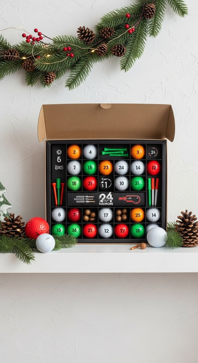 Opened Golf Ball Advent Calendar, Flat Lay. Colored Golf Balls, Tees, Markers In Compartments. Festive Holiday Background. Christmas Golf Gift.