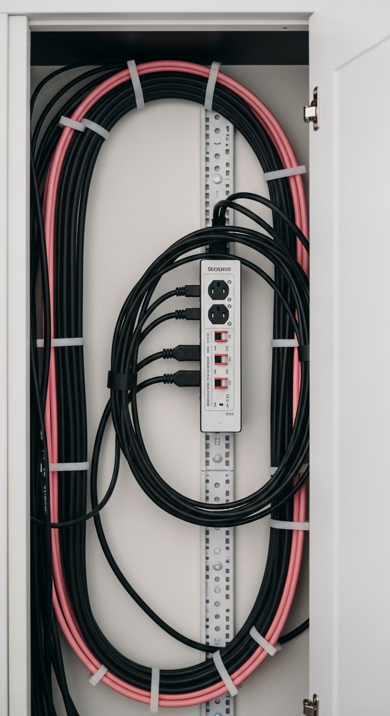 Organized Electrical Setup For Golf Simulator With Hidden Power Strip And Clean Cable Management Raceways.