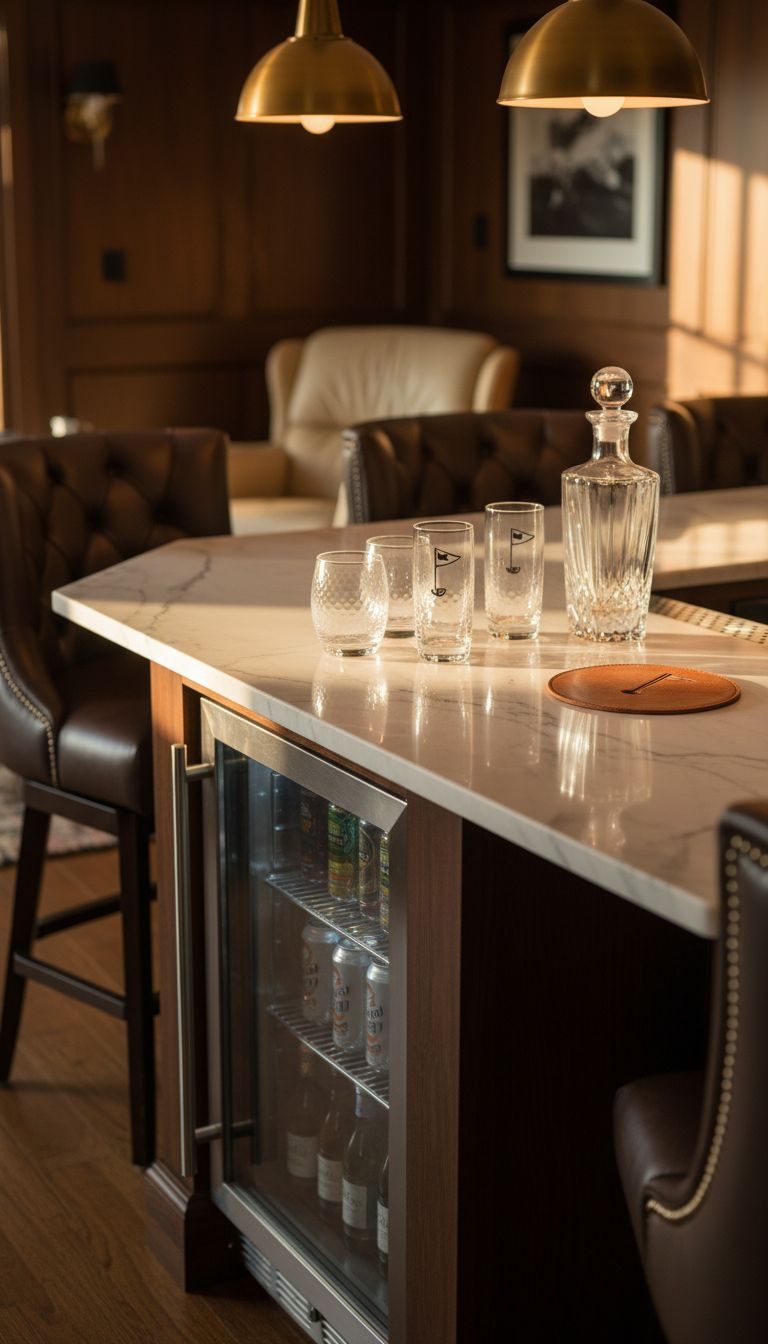 Organized Golf Man Cave Vertical Storage With Wall-Mounted Steel Rack, Two Golf Bags, Accessory Shelves, Towels, And Shoes.