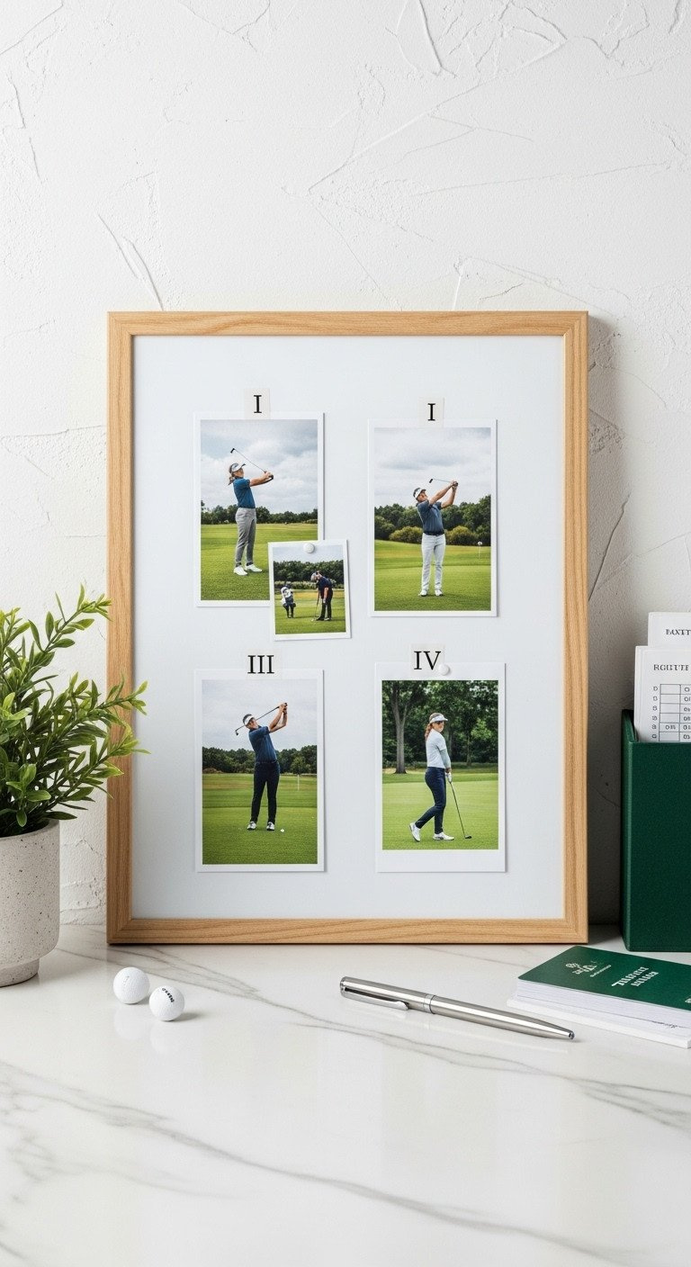 Organized Golf Vision Board Flat Lay On White Marble, Featuring Four Sections With Aspirational Golf Images, Metallic Pen, And Scorecards.