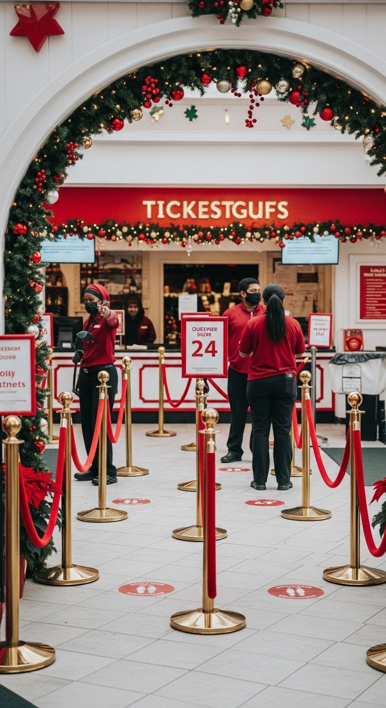 Organized Queue With Red Velvet Stanchions Leading Into A Brightly Lit Commercial Christmas Mini Golf Course, With Festive Staff.