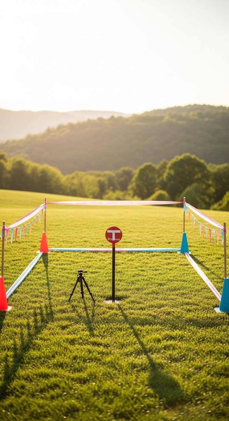 Outdoor Gender Reveal Safety Area Marked With Colorful Cones, Pink And Blue Tape, Guests Safely Behind For The Reveal.