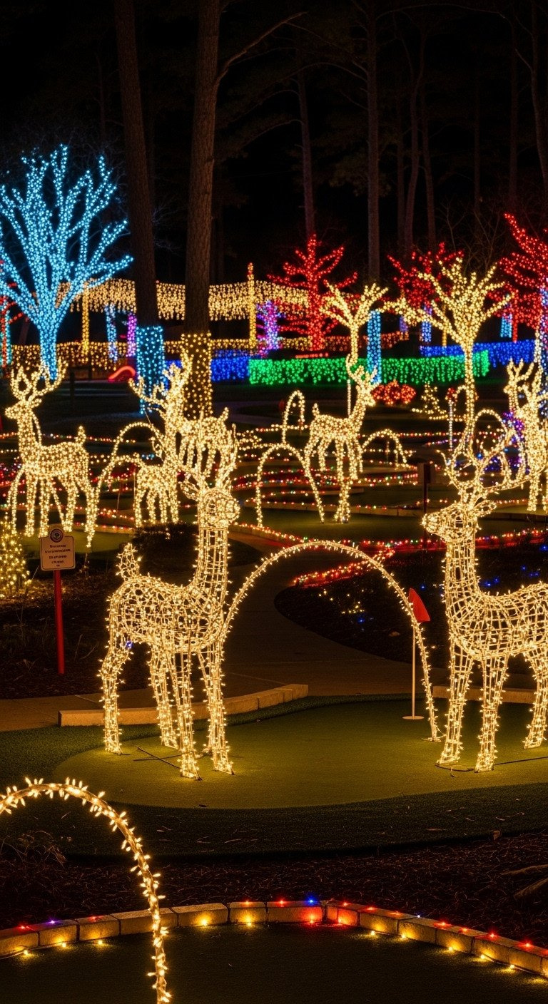 Outdoor Mini Golf At Night: Putting Green Surrounded By Towering Archways, Glowing Reindeer, And Thousands Of Holiday Led Lights.