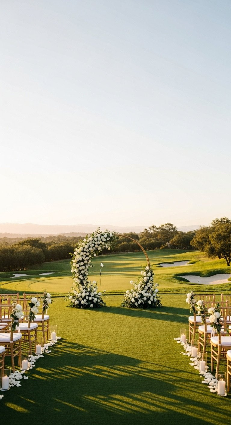 Golf Course Wedding Venue Guide The Expert Planning Checklist Outdoor Wedding Ceremony On Golf Course 18Th Hole. Floral Arch, Elegant Chairs, Subtle Golf Cart, Stunning Sunset View.