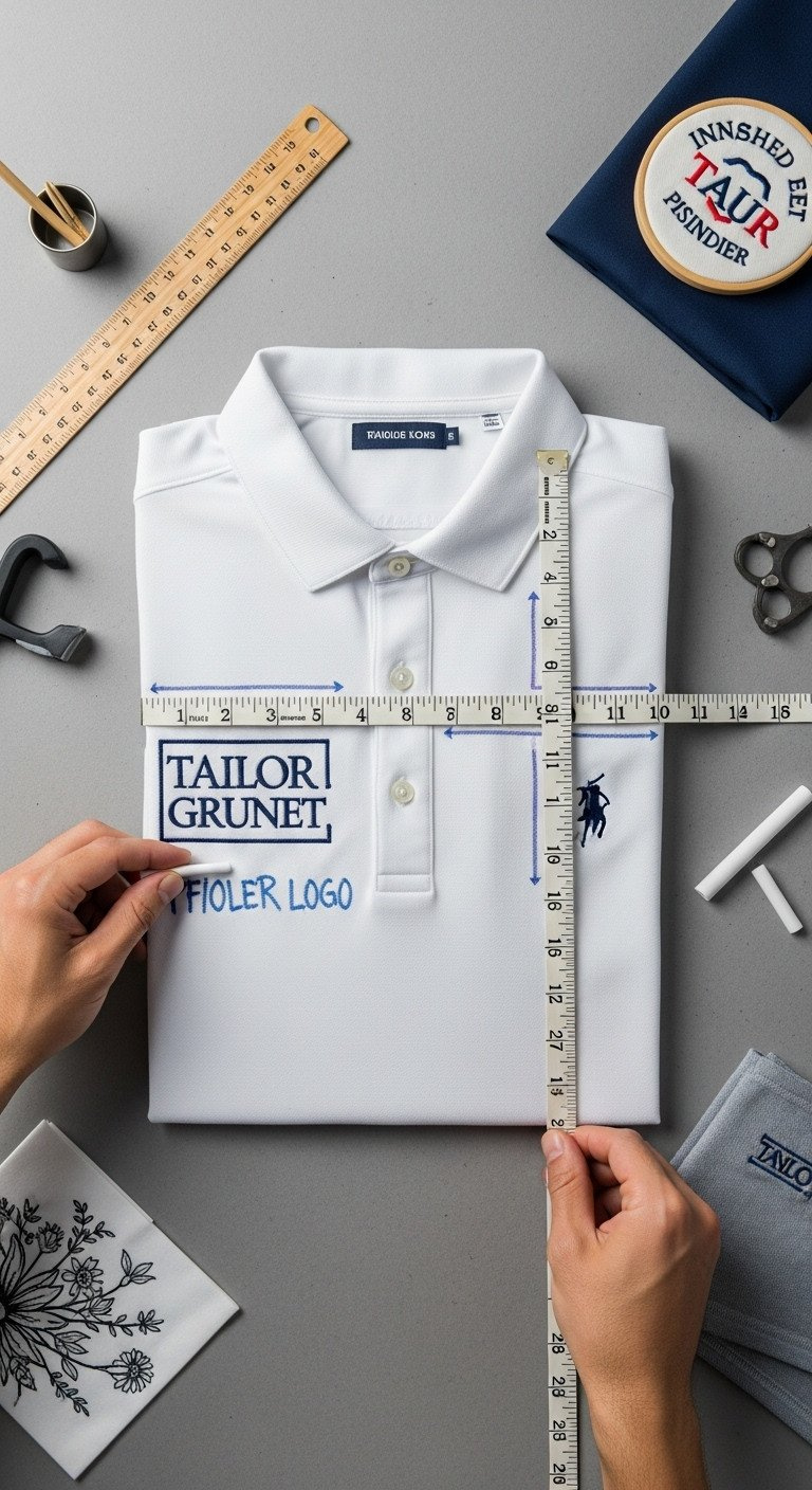 The 7 Secrets To Perfect Golf Embroidery On Bags And Polos Overhead Flat Lay Of Folded Golf Polo Shirt With Tailor'S Chalk Lines For Precise Left Chest Logo Placement, Measuring Tape, Sample.