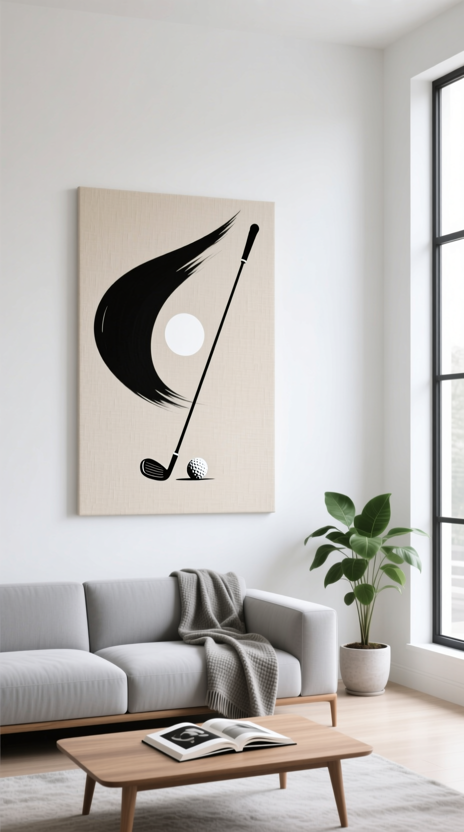 Oversized Abstract Golf Art Print Of A Dynamic Swing Hangs On A White Wall Above A Gray Sofa In A Modern Living Room.