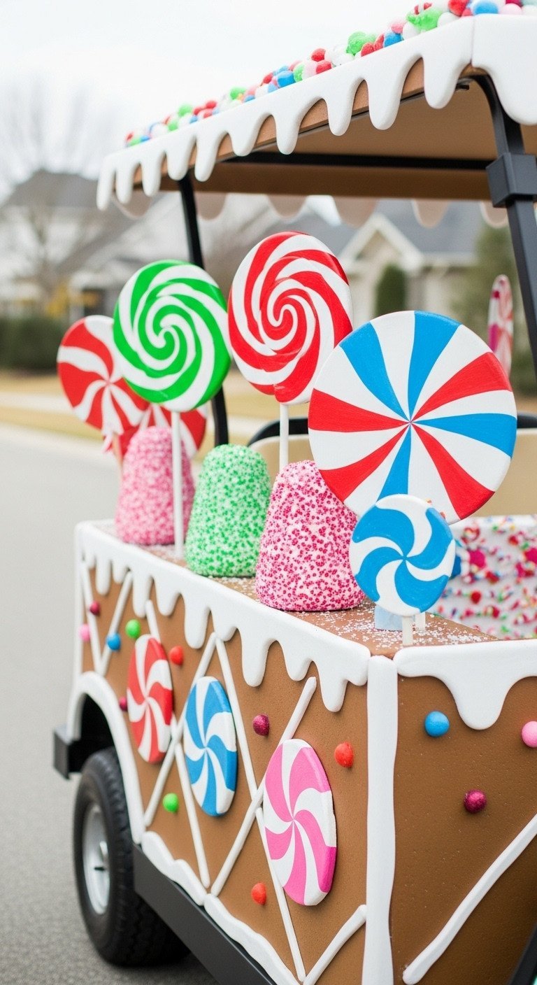 Oversized, Colorful Diy Candy Props Like Lollipops And Gumdrops Attached To The Side Of A Gingerbread Golf Cart Parade Float.