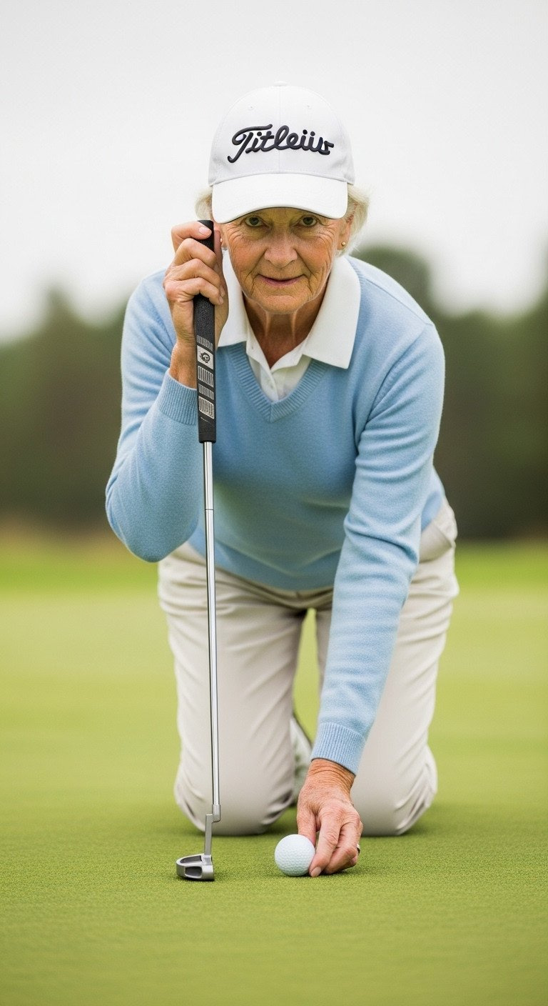 11 Golf Senior Picture Secrets And Pro Photography Tips Peaceful Close-Up Of Senior Golfer Kneeling On The Green, Intensely Focused, Lining Up A Putt With Their Putter.