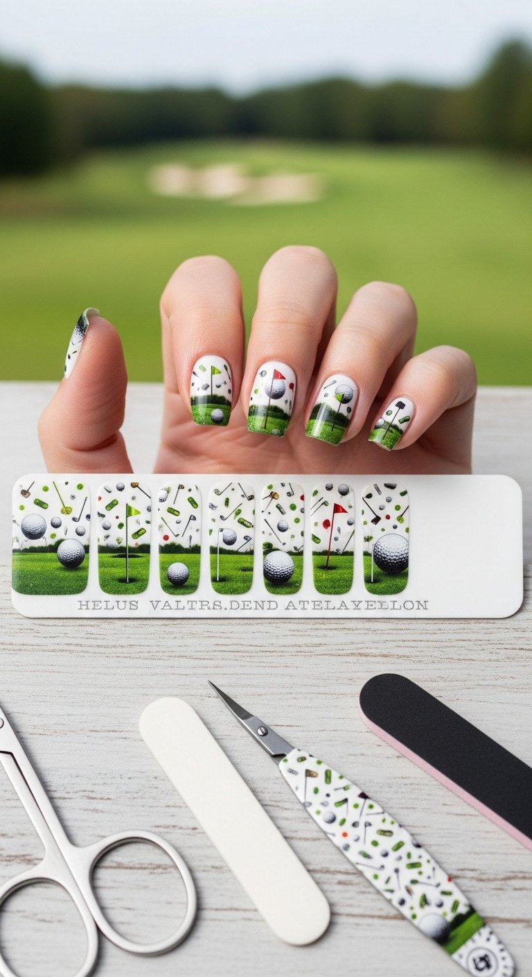 Perfectly Applied Golf-Themed Nail Wraps With Intricate Clubs And Balls Motif. Smooth Finish, Sharp Details. Blurred Golf Course.