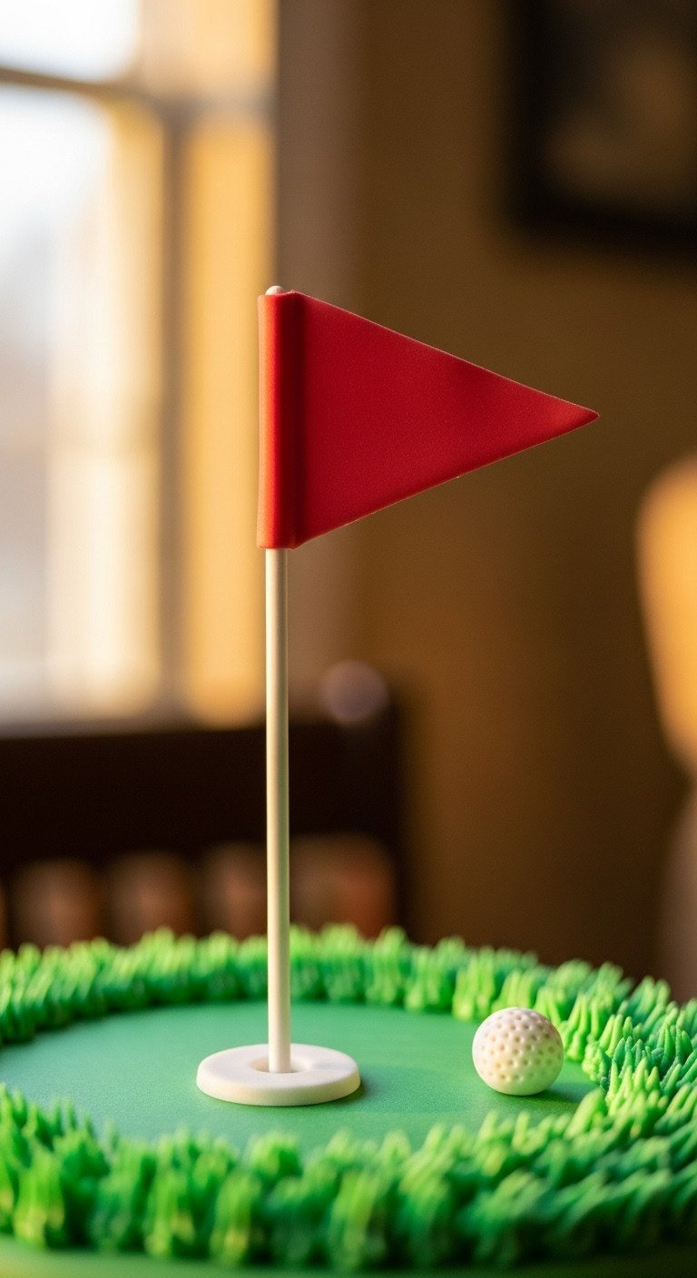 Golf Cake Piping Secrets For Structural Stability Guide Perfectly Proportional Golf Flag And Pin Standing On A Cake Green With Piped Grass Texture And A Small Fondant Golf Ball Nearby.