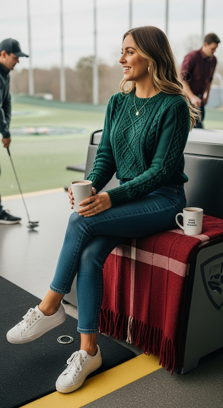 9 Festive Topgolf Party Outfits That Pass The Swing Test Person In A Forest Green Cable-Knit Sweater And Dark Jeans, Holding A Hot Drink, Celebrating With Friends At Topgolf.