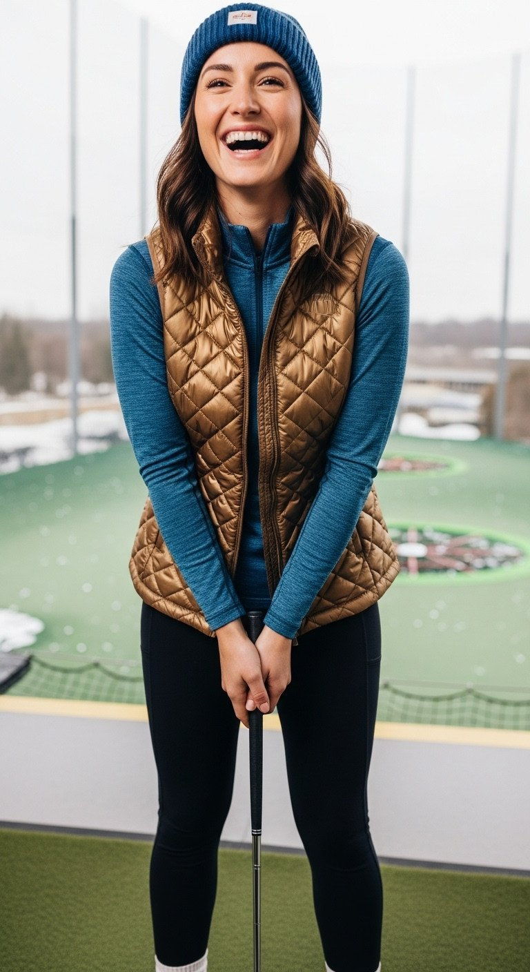 9 Festive Topgolf Party Outfits That Pass The Swing Test Person Laughing In A Metallic Quilted Vest And Base Layer In A Cold Topgolf Bay, Stylish Winter Performance Wear.