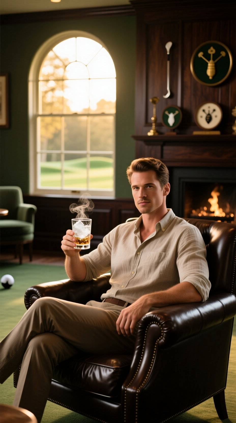 Person Relaxing In A Clubhouse Armchair Wearing Chinos, A Linen Shirt, And Loafers, With A Drink On A Nearby Table.