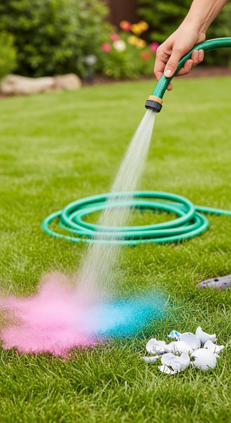 Person Sprays Pink/Blue Gender Reveal Powder On Green Grass With Garden Hose, Dissolving Cornstarch Naturally. Quick Cleanup.