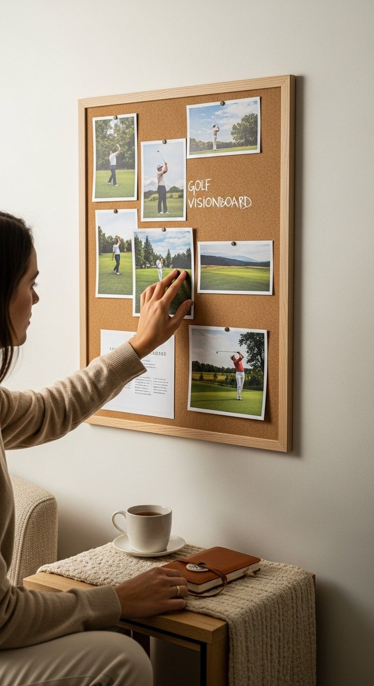 Person Studying A Golf Vision Board During A Morning Routine With A Cup Of Tea And Leather Golf Journal.