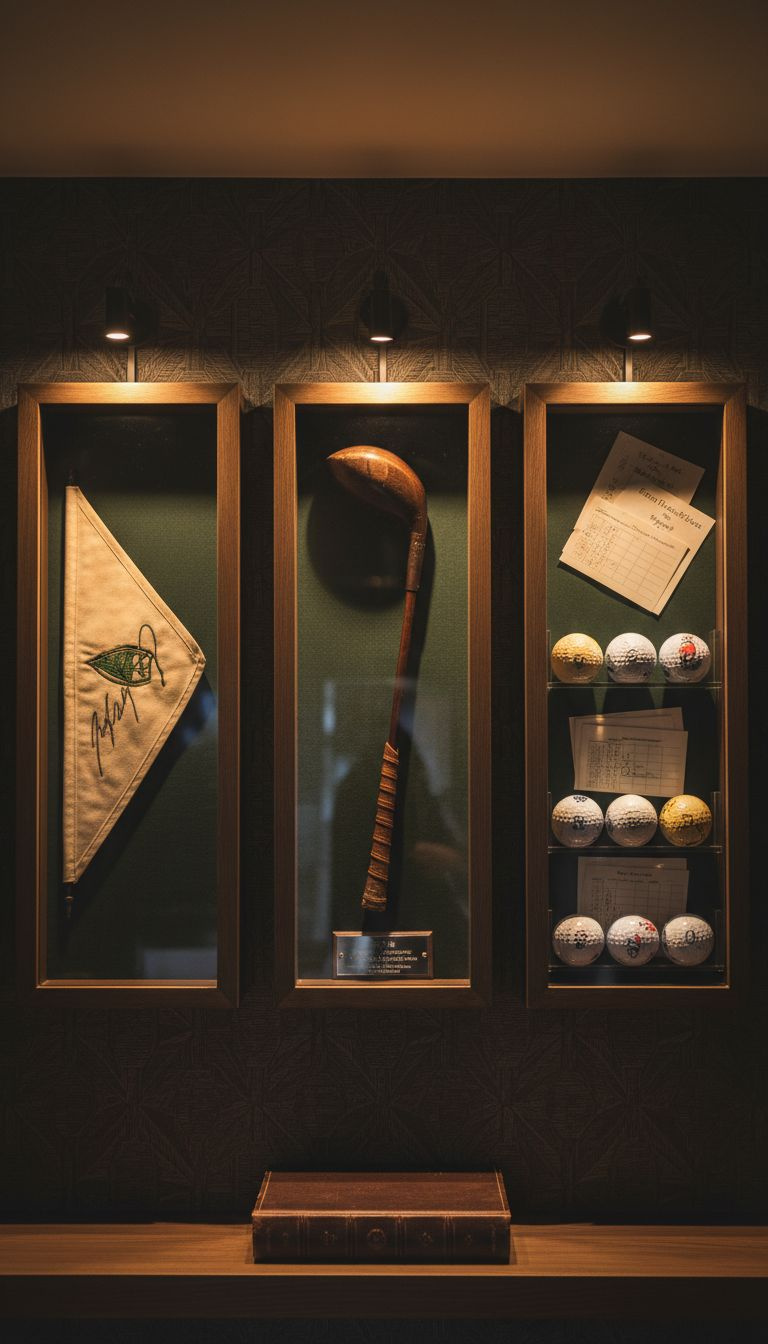 Personalized Golf Memorabilia Showcase In A Man Cave With Shadow Boxes, Signed Flag, Antique Driver, Golf Balls, And Lighting.