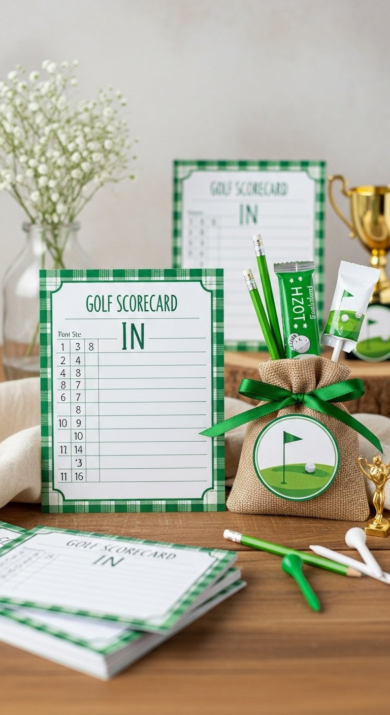 9 Genius Golf Birthday Party Ideas For Kids And Adults Personalized Golf Party Scorecards With Green Plaid Border, Burlap Favor Bags, Mini Pencils, And Tees On Wood Table.