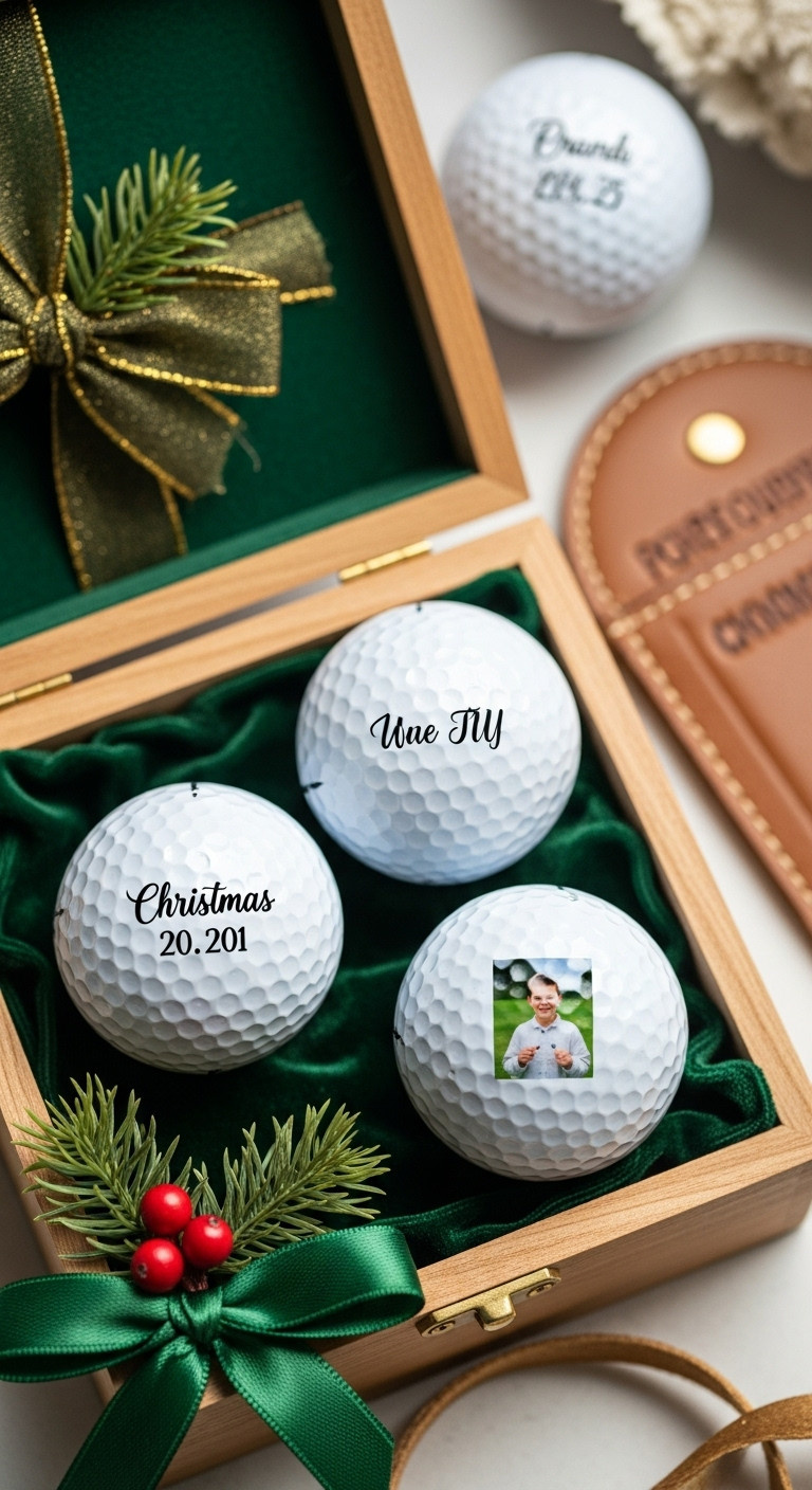 Personalized White Golf Balls: Christmas Date, Name, Photo Imprints. Close-Up In Velvet-Lined Wooden Gift Box With Holly. Golf Gift.