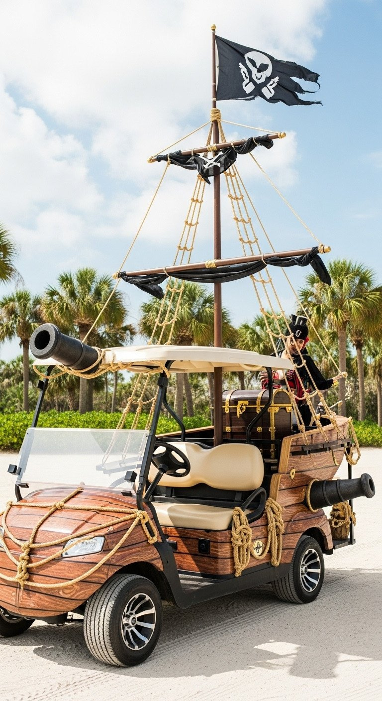 11 Genius Golf Cart Decorating Ideas To Win Every Contest Pirate Ship Golf Cart: Brown Hull, Mast, Black Flag, Cannon, Treasure Chest. Sandy Beach. Adventure.