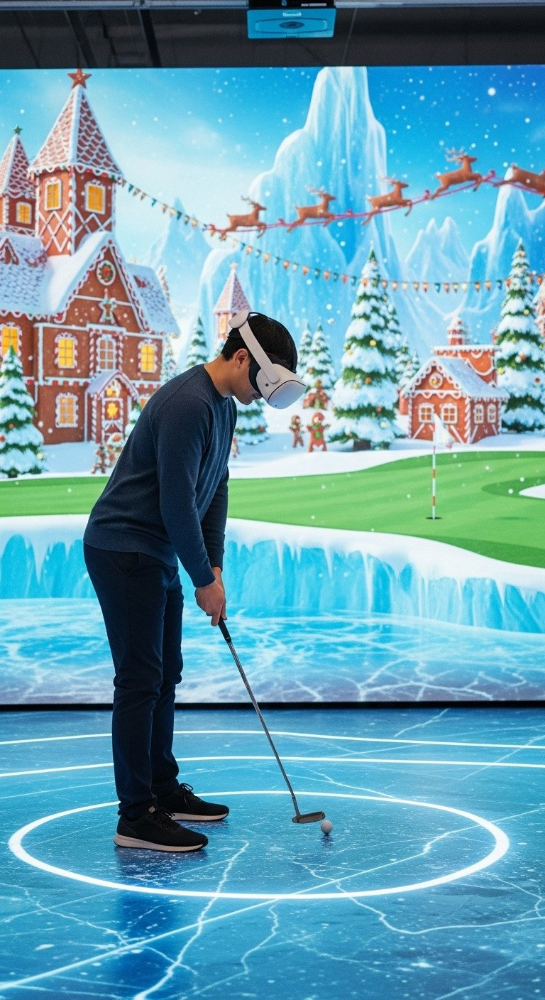Player With Oculus Quest 3 Vr Headset Puts Virtual Golf Ball In Stunning Christmas Village Environment, Featuring Gingerbread Houses.