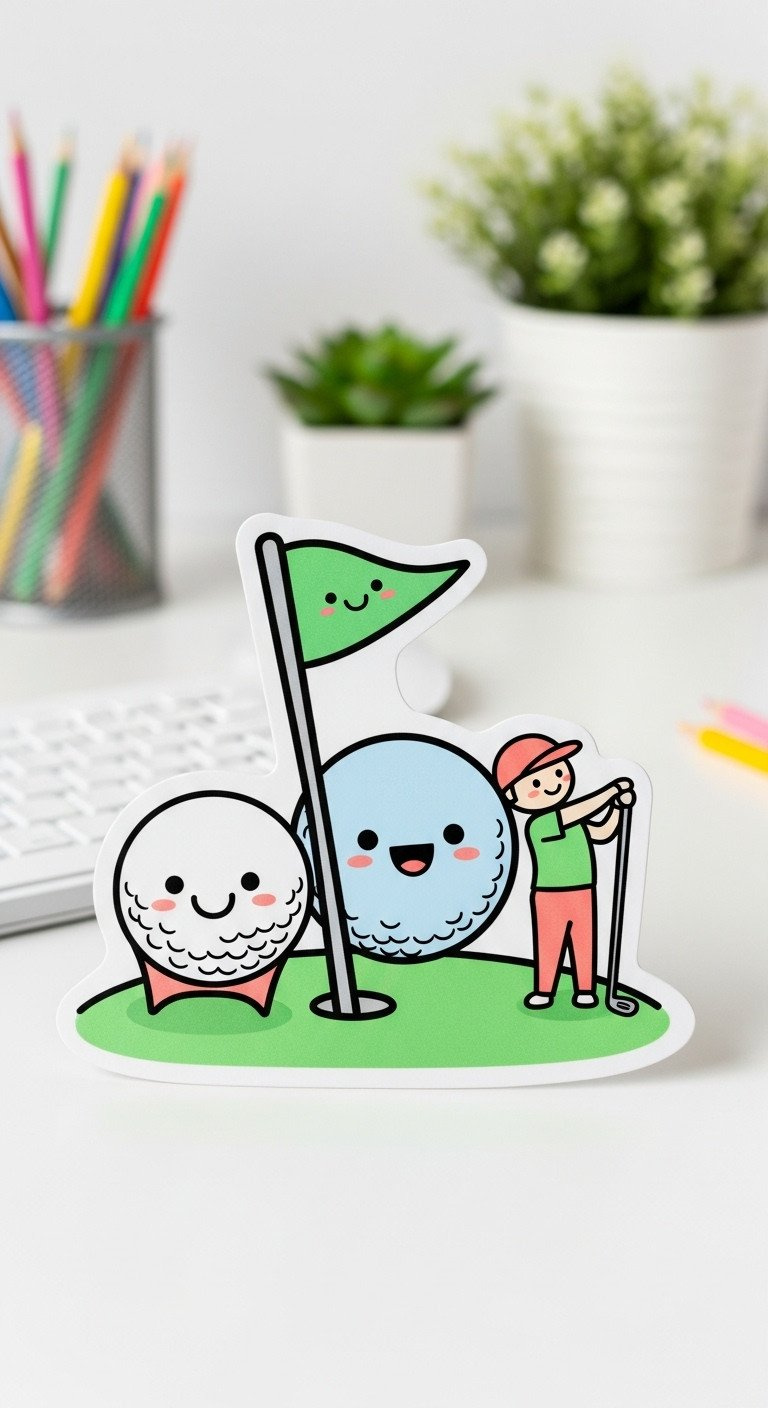 Playful Golf Doodle Illustration: Happy Golf Ball, Flagstick, Cartoon Golfer In Pastel Colors On A White Desk With Pencils.